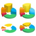 Set of bulk isometric pie charts different heights, separated segments. Templates realistic three-dimensional pie charts