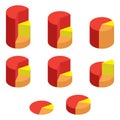 Set of bulk red and yellow isometric pie charts. Templates realistic three-dimensional pie charts