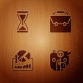 Set Bull and bear of stock market, Old hourglass, Stocks growth graphs and Briefcase on wooden background. Vector