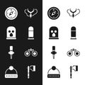 Set Bullet, Balaclava, Compass, Slingshot, Torch flame, Binoculars, Wooden axe and Winter hat icon. Vector