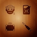 Set Bullet, Bandit, Briefcase money and Canister fuel on wooden background. Vector