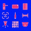 Set Bullet, Binary code, Motion sensor, Barbed wire, Face recognition, Server, Data, Web Hosting and Door handle icon Royalty Free Stock Photo