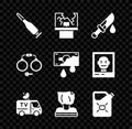 Set Bullet, Broken window, Bloody knife, TV News car, Kidnaping, Canister fuel, Handcuffs and money icon. Vector