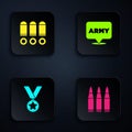 Set Bullet, , Military reward medal and army. Black square button. Vector