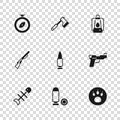 Set Bullet, Pistol or gun, Paw search, Camping lantern, Compass, Wooden axe and Hunting icon. Vector