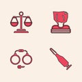 Set Bullet, Scales of justice, Kidnaping and Handcuffs icon. Vector Royalty Free Stock Photo