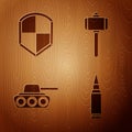 Set Bullet, Shield, Military tank and Battle hammer on wooden background. Vector