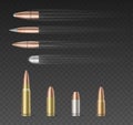 Set of bullets of different caliber over transparent background. 3d realistic bullets collection.