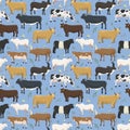 Set of bulls and cows farm animal cattle mammal nature beef domestic buffalo character vector seamless pattern Royalty Free Stock Photo