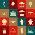 Set Bumper car, Ghost, Jumping trampoline, Attraction carousel, Drum with drum sticks, Seesaw, Corn dog and icon. Vector Royalty Free Stock Photo