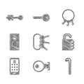 Set Bunch of keys, Key, Crowbar, Safe combination lock, Mobile and graphic password, with fingerprint scan, and Old icon