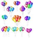 Set of bunches of colorful helium balloons with strings isolated on white background. Royalty Free Stock Photo