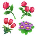 Set of bunches of flowers. Color images of scarlet roses, tulips, violets on white background. Vector illustration Royalty Free Stock Photo