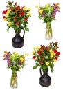 Set of bunches of flowers in jugs on white Royalty Free Stock Photo