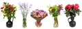 Set of bunches of flowers in vases isolated