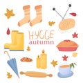 Set, bundle hygge autumn comfortable objects isolated on white background. Naive stylish socks, candles, umbrella, hot pie,