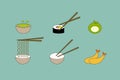 Set bundle of icons or stickers for Japanese cuisine with rice sushi roll soba noodles green matcha tea mochi cake