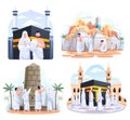 Set bundle of Muslim couple is doing Islamic hajj pilgrimage. vector illustration