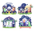 Set bundle of Muslim family celebrating Islamic new year with torches festival. vector illustration