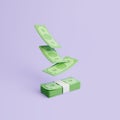 Set of Bundles of money and banknotes floating on purple background