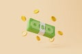 Set of Bundles of money and gold coins floating on beige background