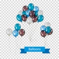 Set of bundles of vector balloons on white background with ribbon banner. Black, white, blue. On a transparent background.