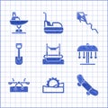 Set Bungee, Ferris wheel, Skateboard trick, Attraction carousel, Seesaw, Shovel toy, Kite and Swing boat icon. Vector