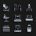 Set Bungee, Swing, Sand bucket, Abacus, Pool with balls, boat, Rocket ship and Roller skate icon. Vector