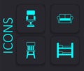 Set Bunk bed, Office chair, Sofa and Chair icon. Black square button. Vector Royalty Free Stock Photo