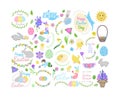 Set with bunny, little yellow chickens in different poses, easter eggs, boy and girl, basket