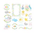 Set with bunny, little yellow chickens in different poses, easter eggs, lettering and branch Royalty Free Stock Photo