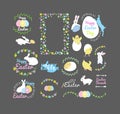 Set with bunny, little yellow chickens in different poses, easter eggs, lettering and branch with leaves and flowers Royalty Free Stock Photo