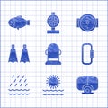 Set Buoy, Sun and waves, Diving mask, Carabiner, Rain, Rubber flippers for swimming, Wind rose and Fish icon. Vector Royalty Free Stock Photo