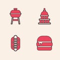 Set Burger, Barbecue grill, White House and Hotdog sandwich icon. Vector