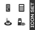 Set Burger, Computer, Man hat and Calculator icon. Vector Royalty Free Stock Photo