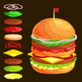 Set of burger grilled beef vegetables dressed with sauce bun snack, hamburger fast food meal menu barbecue meat with