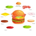 Set of burger grilled beef vegetables dressed with sauce bun snack, hamburger fast food meal menu barbecue meat with