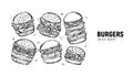 Set of burgers. Fast food sketch. Sandwich with chiken, bacon, french fries and other