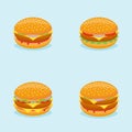Set of burgers isolated on blue background. Vector illustration.