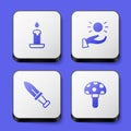 Set Burning candle, Ball levitating above hand, Dagger and Psilocybin mushroom icon. White square button. Vector