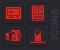 Set Burning candle, Beat dead in monitor, Obituaries and Death certificate in hand icon. Vector