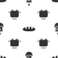 Set Burning candle, Bread loaf and Egg in hot pot on seamless pattern. Vector Royalty Free Stock Photo