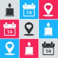 Set Burning candle, Calendar with February 14 and Map pointer with heart icon. Vector Royalty Free Stock Photo