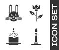 Set Burning candle in candlestick, Easter rabbit, Easter cake and candle and Flower tulip icon. Vector