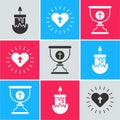 Set Burning candle, Christian cross and heart and Christian chalice icon. Vector
