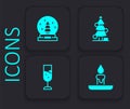 Set Burning candle, Christmas snow globe, tree and Glass of champagne icon. Black square button. Vector Royalty Free Stock Photo