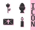 Set Burning candle, Flower tulip, Greeting card with Happy Easter and Easter egg on a stand icon. Vector Royalty Free Stock Photo