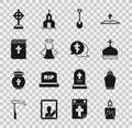 Set Burning candle, Funeral, Church tower, Shovel, Angel, Holy bible book, Grave with cross and icon. Vector