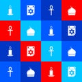 Set Burning candle, Jewish calendar, Cross ankh and Muslim Mosque icon. Vector