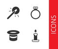 Set Burning candle, Magic wand, hat and stone ring icon. Vector